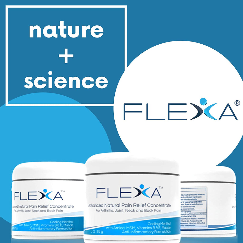 FLEXA Natural Relief Cream - Use on Muscles, Back, Neck, and Joints - with Arnica, Menthol, MSM, Ilex Leaf, and Tea Tree Oil - 3 Oz Jar