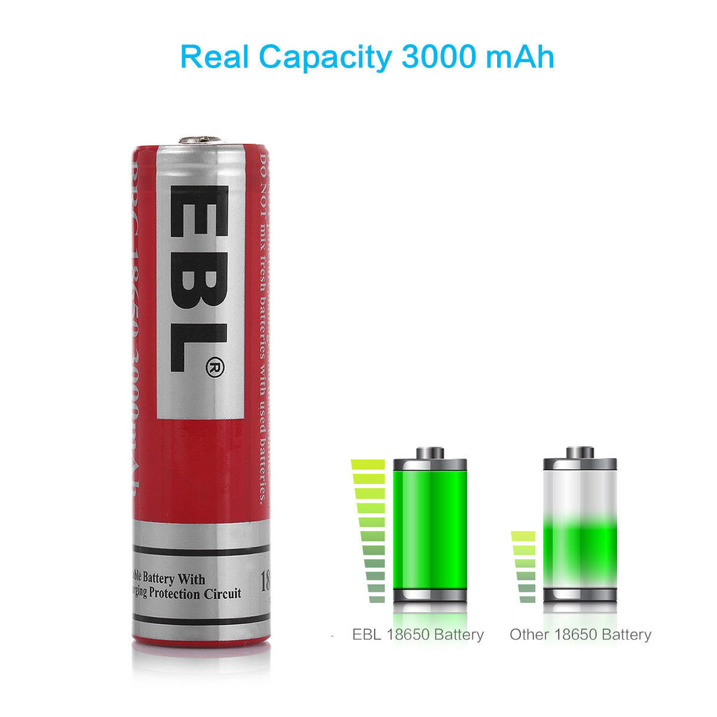 2 Rechargeable Batteries EBL - 18650 Lithium-Ion Rechargeable Batteries 3000mAh 3.7V, 2 Pack - Recommended for Tendlite®